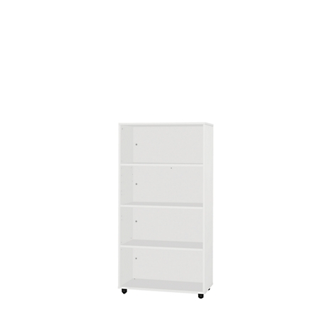A white bookcase with four compartments on wheels, against a white background.