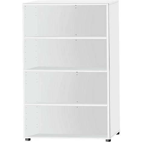 A white shelf with four compartments. It stands on small feet.