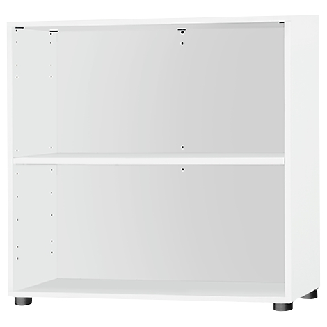 A white bookshelf with two shelves, on black feet.