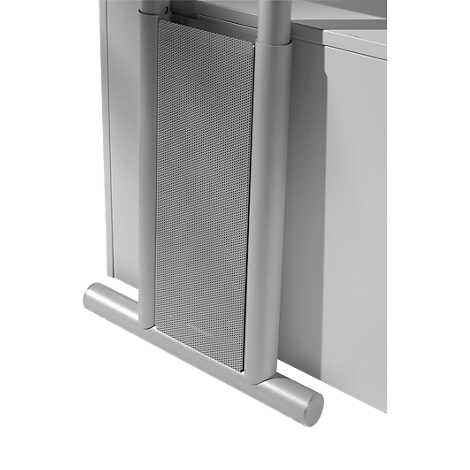 Close-up of a grey, rectangular structure attached to a piece of furniture. It features a perforated design, framed by a metal structure.