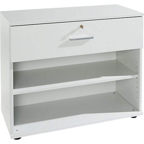 White office furniture with drawer, and two shelves below.