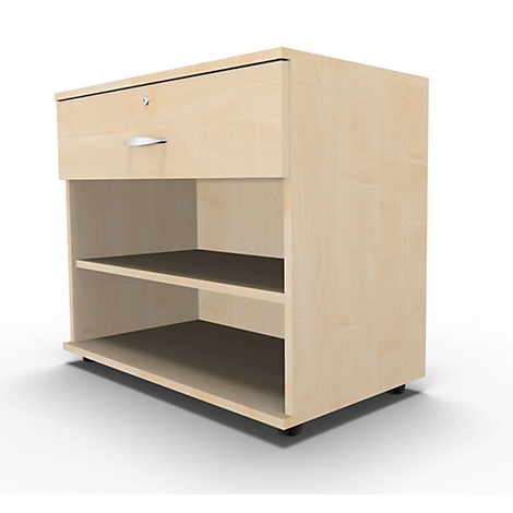 Light brown cabinet with drawer, two shelves and silver handle.