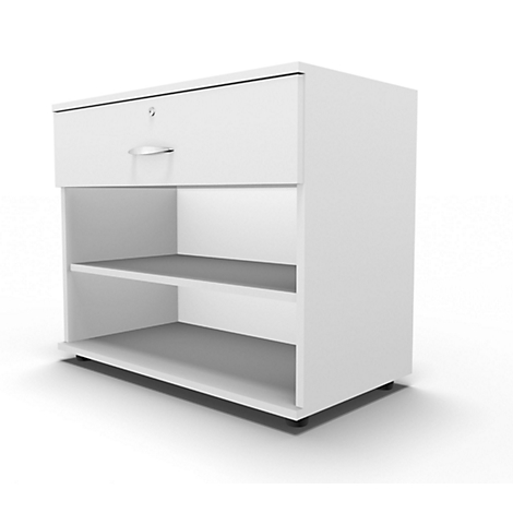 White cabinet element with drawer and two shelves. The drawer has a handle and a keyhole.