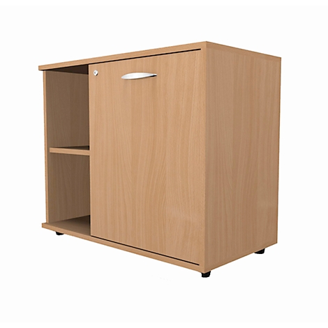 Light brown cabinet with open and closed side. A handle, a key and a shelf are visible.