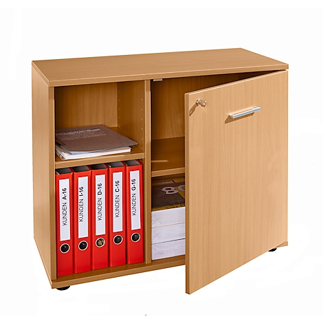 A light brown office cabinet, the door half open. Folders labeled 'Customers' are inside.