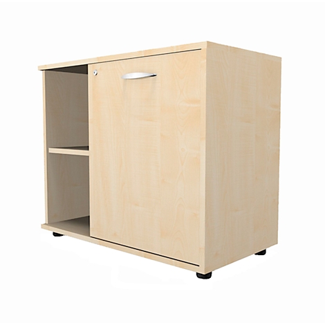 Beige cabinet with a handle and an open compartment with a shelf.