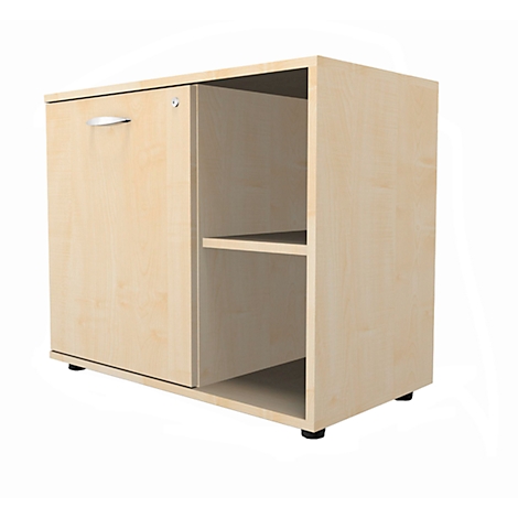 Light brown cabinet with door, handle, and open compartment. Standing on black feet.