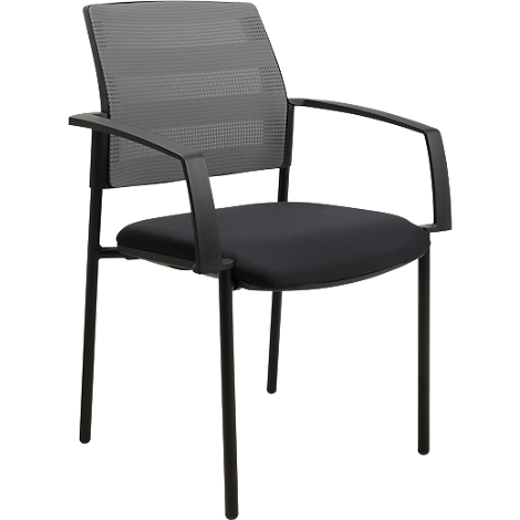 Chaise de bureau noire avec accoudoirs, dossier en maille grise et assise noire.