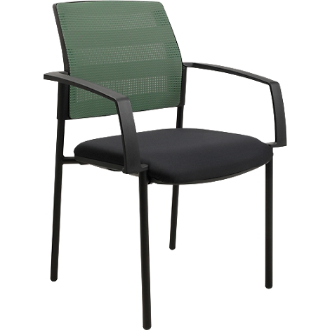 Une chaise de bureau noire avec un dossier en maille verte, des accoudoirs et des pieds noirs.