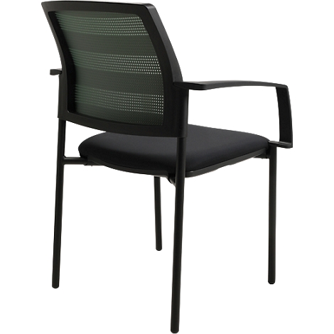 Chaise de bureau noire avec dossier en maille et accoudoirs. Quatre pieds fins.