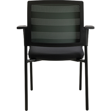 Chaise de bureau noire avec dossier en filet, accoudoirs et quatre pieds. La chaise est placée devant un fond blanc.