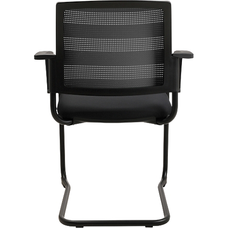 Chaise de visiteur noire, dossier en maille et accoudoirs, cadre en métal robuste.