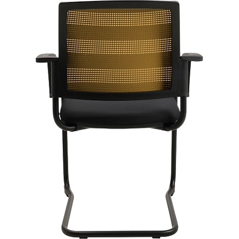Chaise de bureau cantilever noire avec dossier en maille jaune. Accoudoirs, siège et cadre sont également noirs.