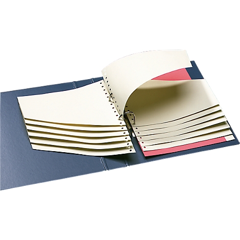 Blue open binder filled with loose-leaf paper. Some pages marked in red.