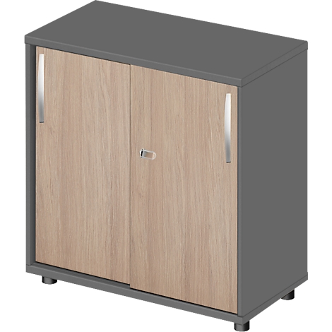 Small cabinet with light wood fronts, gray sides, and metal handles.