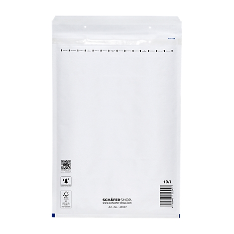 Sobre acolchado blanco con línea de cierre perforada. Logotipo, código QR y código de barras en la parte inferior.