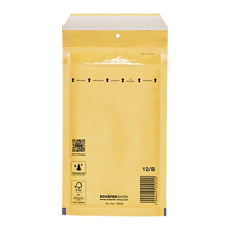 Embalaje de papel marrón con impresiones, como "ABRIR AQUÍ". Impreso con códigos QR y el logotipo de Schäfer Shop.