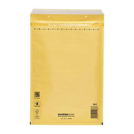 Sobre de burbujas amarillo con impresiones y código de barras. Contiene textos como "Schäfer Shop" y "19/1".