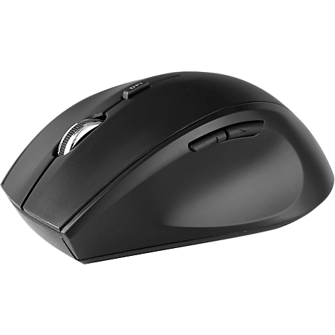 Black computer mouse, with scroll wheel and two side buttons.