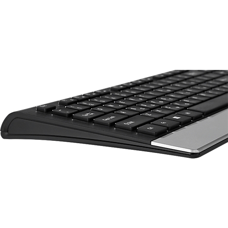 Side view of a black keyboard. Silver area at the bottom.