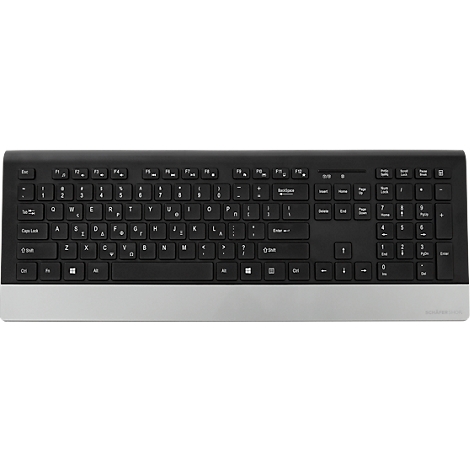 Black keyboard with silver base, keys with Cyrillic and Latin letters.