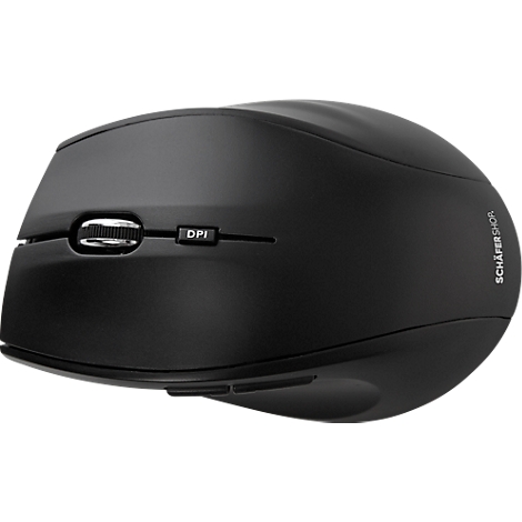 Black ergonomic mouse with scroll wheel and DPI button. Inscription "SCHÄFER SHOP".