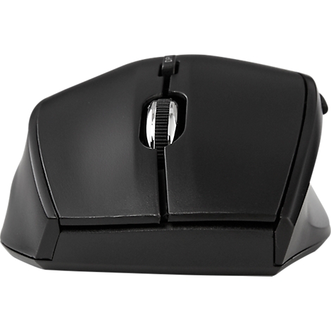 Close-up of a black computer mouse with scroll wheel and side buttons.
