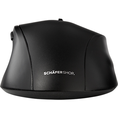 Black ergonomic mouse with side buttons. Inscription 'SCHÄFERSHOP'.