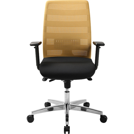 Bürostuhl mit gelbem Netzrücken und schwarzem Sitz. Chromgestell, Rollen. Armlehnen.