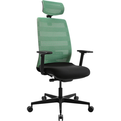 Chaise de bureau avec dossier en filet vert, assise noire et roulettes.