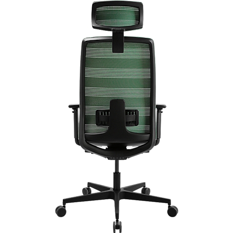 Vue d'une chaise de bureau noire avec un filet vert. Le dossier, l'appuie-tête et les roulettes sont visibles.