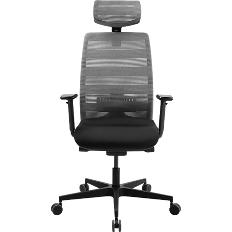 Chaise de bureau avec dossier en maille, assise et appui-tête noirs. Cadre, accoudoirs et roulettes noirs.