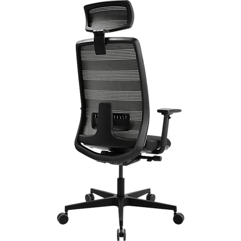Chaise de bureau noire vue de dos, dossier en maille avec appuie-tête, accoudoirs et roulettes.
