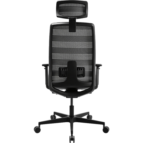 Chaise de bureau noire, vue arrière. Haut dossier avec appui-tête, tissu mesh. Accoudoirs, roulettes et piètement en plastique noir.
