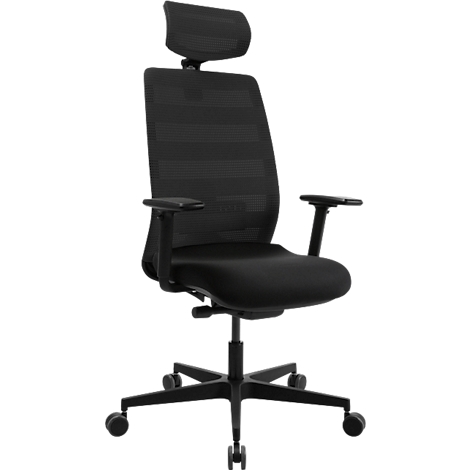 Chaise de bureau noire avec dossier en maille, appui-tête, accoudoirs et roulettes.