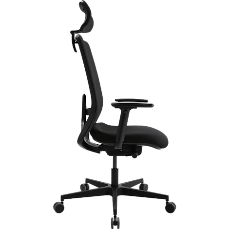 Chaise de bureau noire avec appuie-tête, accoudoirs et roulettes. Vue de côté.