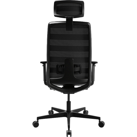 Chaise de bureau noire, vue arrière, dossier en filet, appui-tête, roulettes.