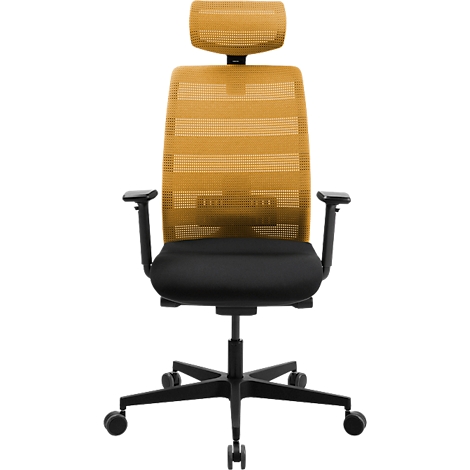 Chaise de bureau avec dossier en filet jaune et assise noire. Accoudoirs et base noirs. La chaise est sur fond blanc.