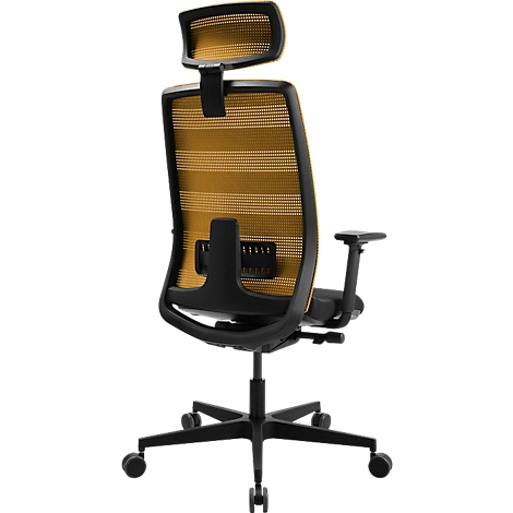 Vue de la chaise de bureau de dos. Dossier en maille jaune et cadre noir, accoudoir droit.
