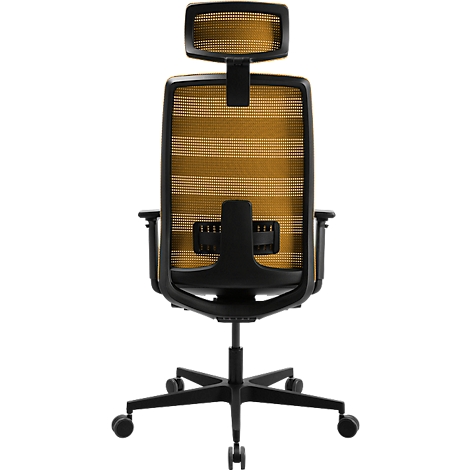 Chaise de bureau, dossier et appui-tête en maille dorée, cadre noir, roulettes.