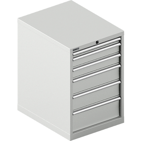 Grijze gereedschapskast met vijf laden en zilveren handgrepen. Een slot is zichtbaar aan de bovenkant.