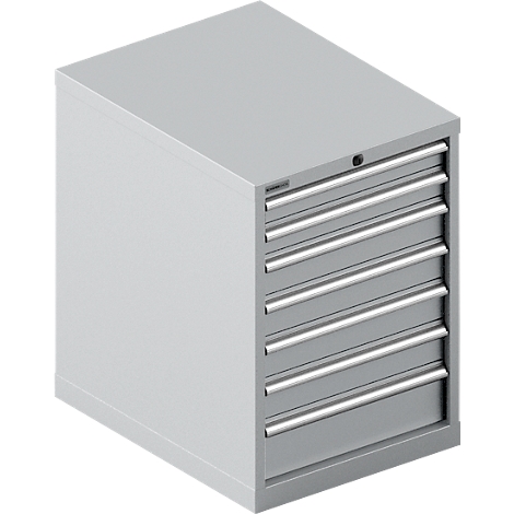 Grijze gereedschapskast met 6 laden. De laden hebben zilveren handgrepen. Op de kast is een slot te zien.