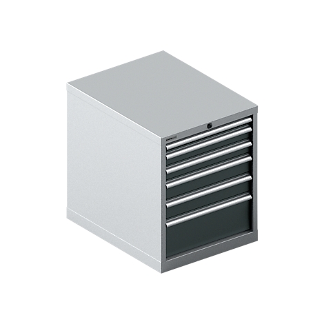 Armoire à outils grise avec tiroirs. Tiroirs foncés avec poignées argentées, sur fond blanc.