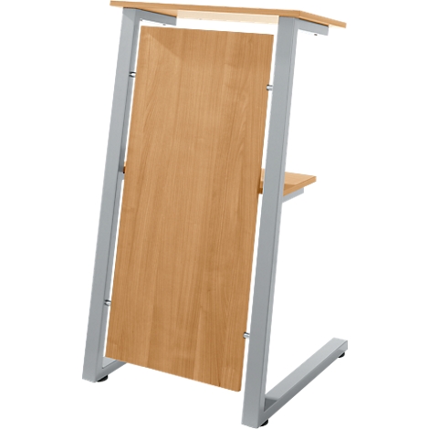 Moderne lessenaar met houten paneel en zilveren frame. Het hout heeft een nerf. Een kleine planktafel rechtsonder.