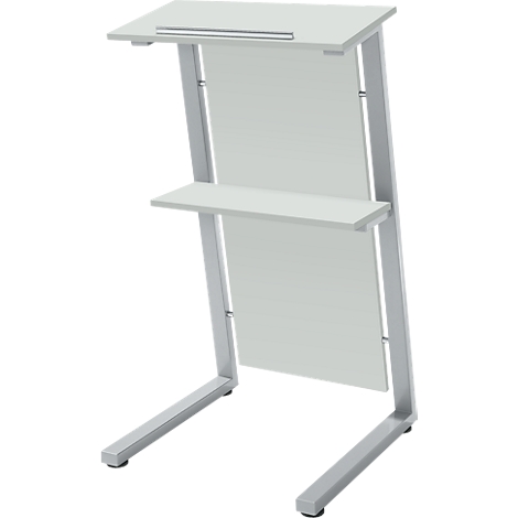 Moderne staande lessenaar, wit met plank en metalen poten.