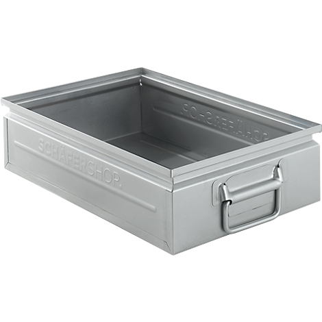 A silver metal box with a handle. The side says "SCHARENTSHOP".