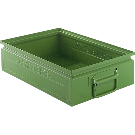 Green metal box with handle and embossed 'SCHÄRERCHOP'.