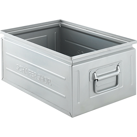 Grey metal box with handle. Inscription: Schäfershop.