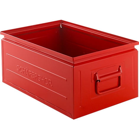 Red metal box with handles and embossed lettering SCHÄFERCHOP.
