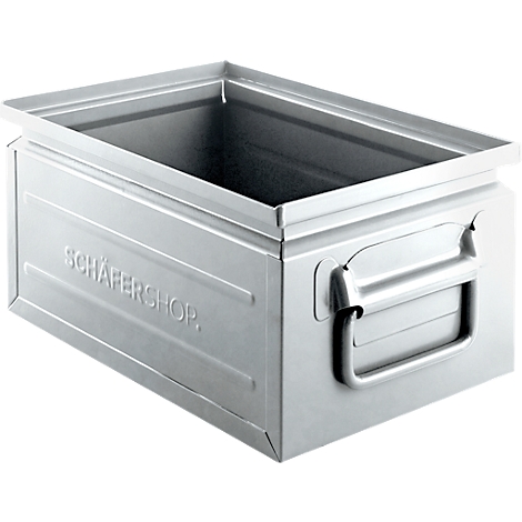 Silver metal box with handle. The lettering "SCHÄFERSHOP" is embossed.